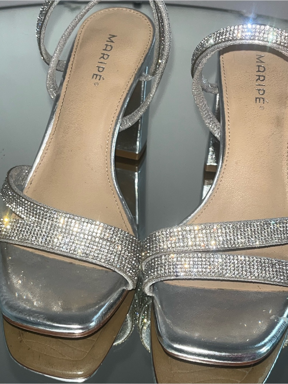 Silver Rhinestone Block Heel Sandals - Picture 5 of 5